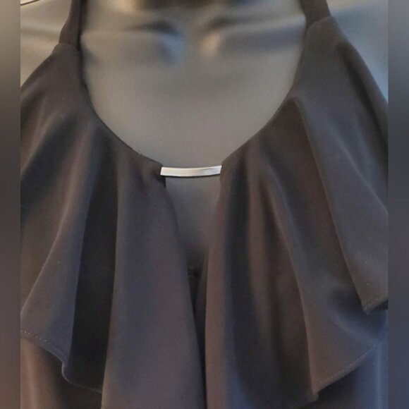 White House Black Market Black Sleeveless Front Ruffle Tie Halter Top Size M - Picture 2 of 6